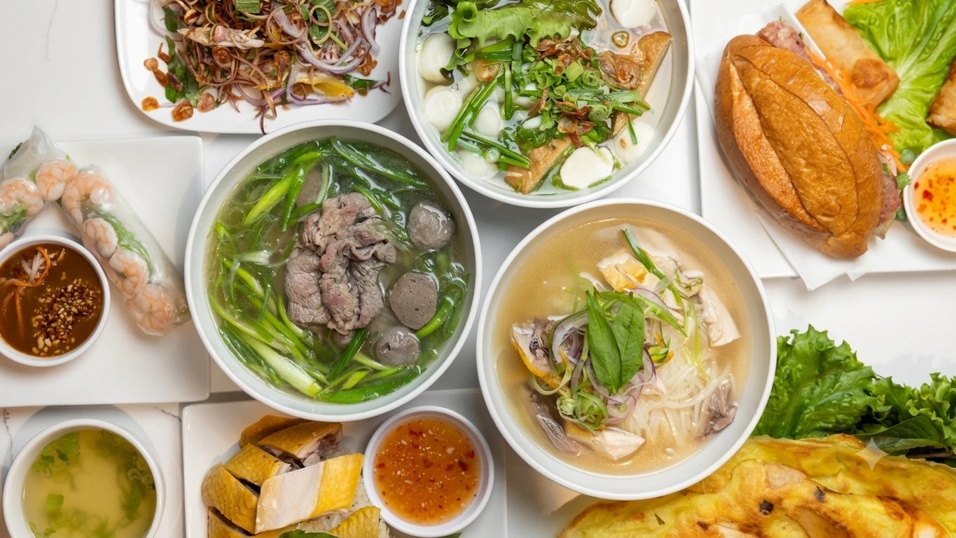 A spread of Cơm Gà Houston dishes: phở, bánh mì, cơm gà, and more